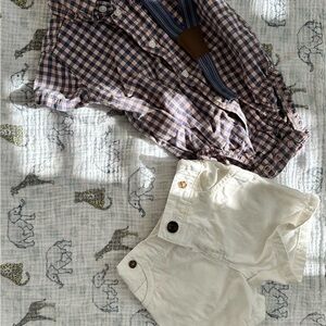 Plaid Shirt and White Shorts Suspenders Set